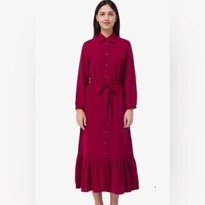 Primark Midi Tiered Belted Shirt Dress Size 8 Maroon Modest Cottage Prairie